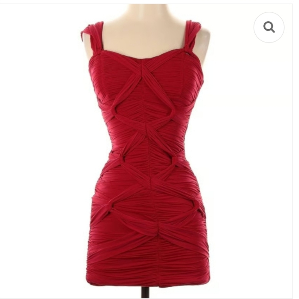 Bebe Y2K Bondage Bodycon Ruched Strappy Dress Red Size L